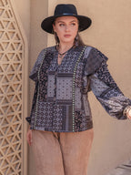 Plus Size Ruffled Printed Notched Long Sleeve Blouse - Plus Size Shirts by Trendsi | Available at Handbags Specialist Headquarter