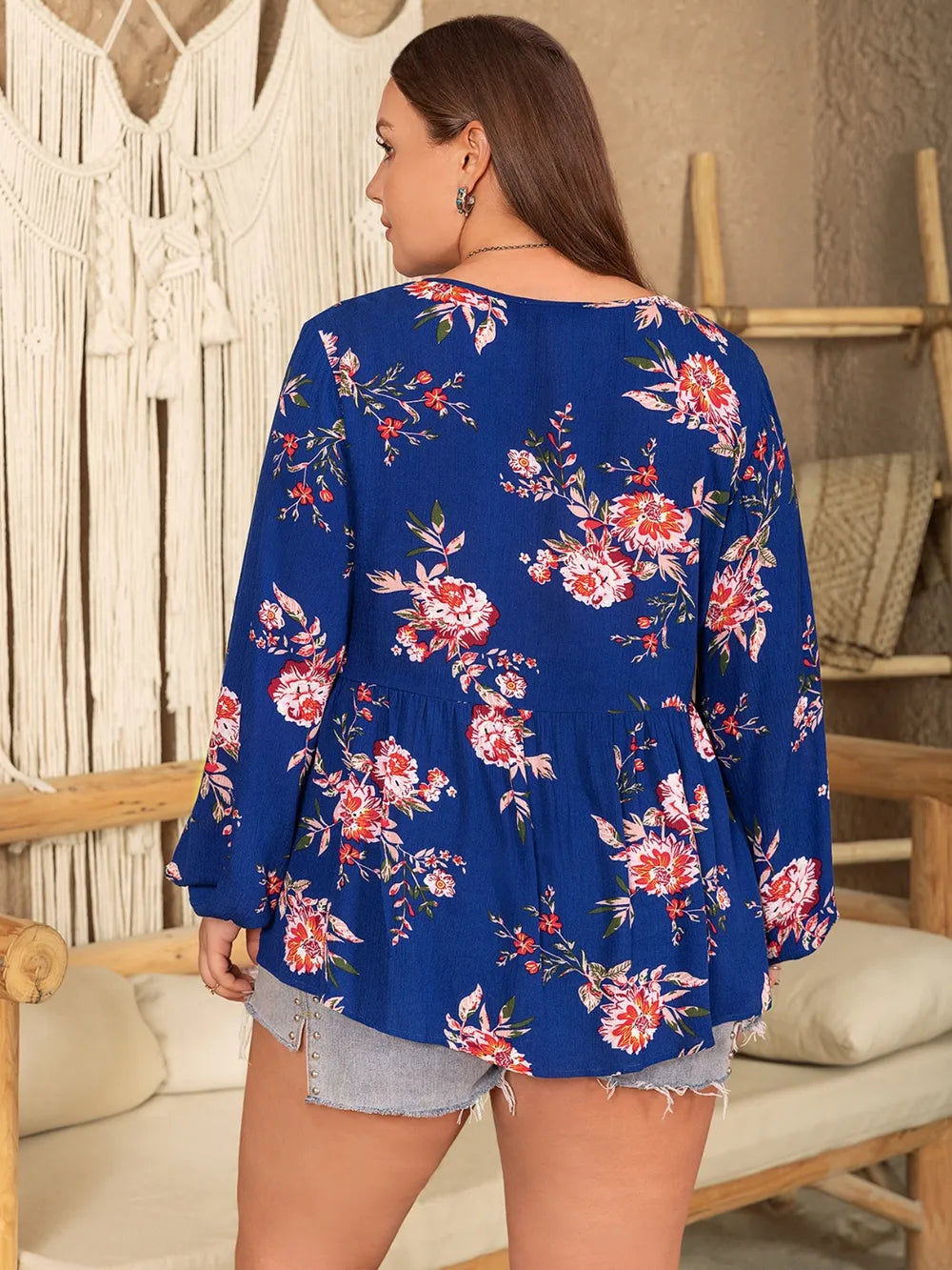 Plus Size Printed Tie Neck Balloon Sleeve Blouse - Plus Size Shirts by Trendsi | Available at Handbags Specialist Headquarter
