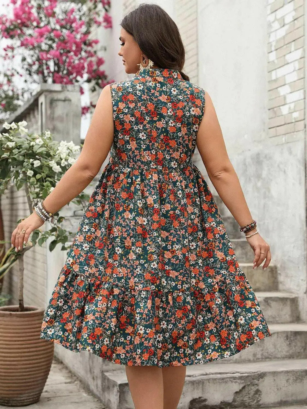 Plus Size Floral Notched Sleeveless Dress - Women Plus Size by Trendsi | Available at Handbags Specialist Headquarter