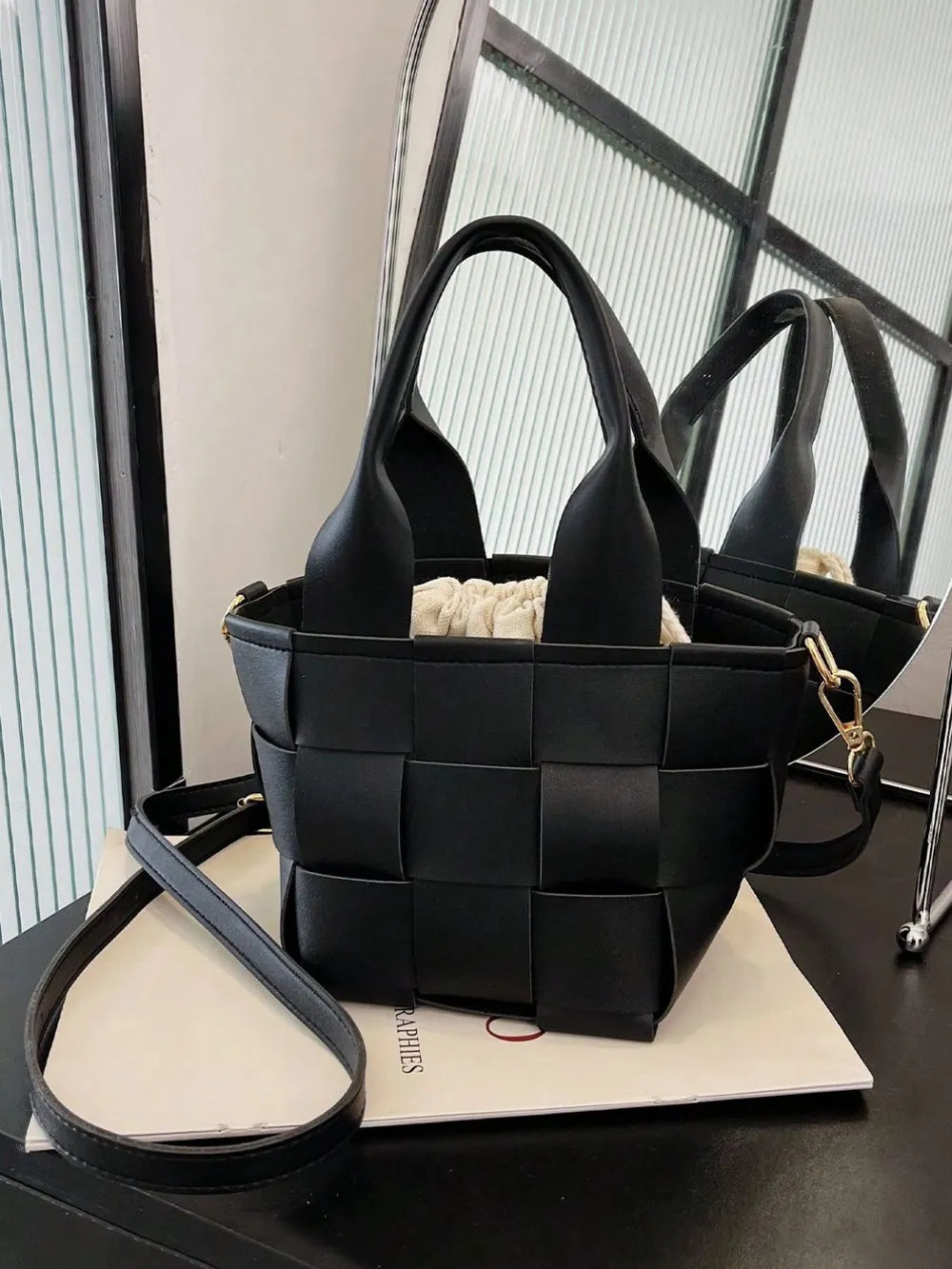 PU Leather Braided Bucket Bag - Tote Bag by Trendsi | Available at Handbags Specialist Headquarter