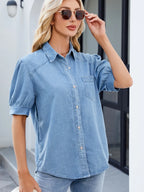 Collared Neck Button Up Denim Shirt - Women / Jeans & Denim by Trendsi | Available at Handbags Specialist Headquarter