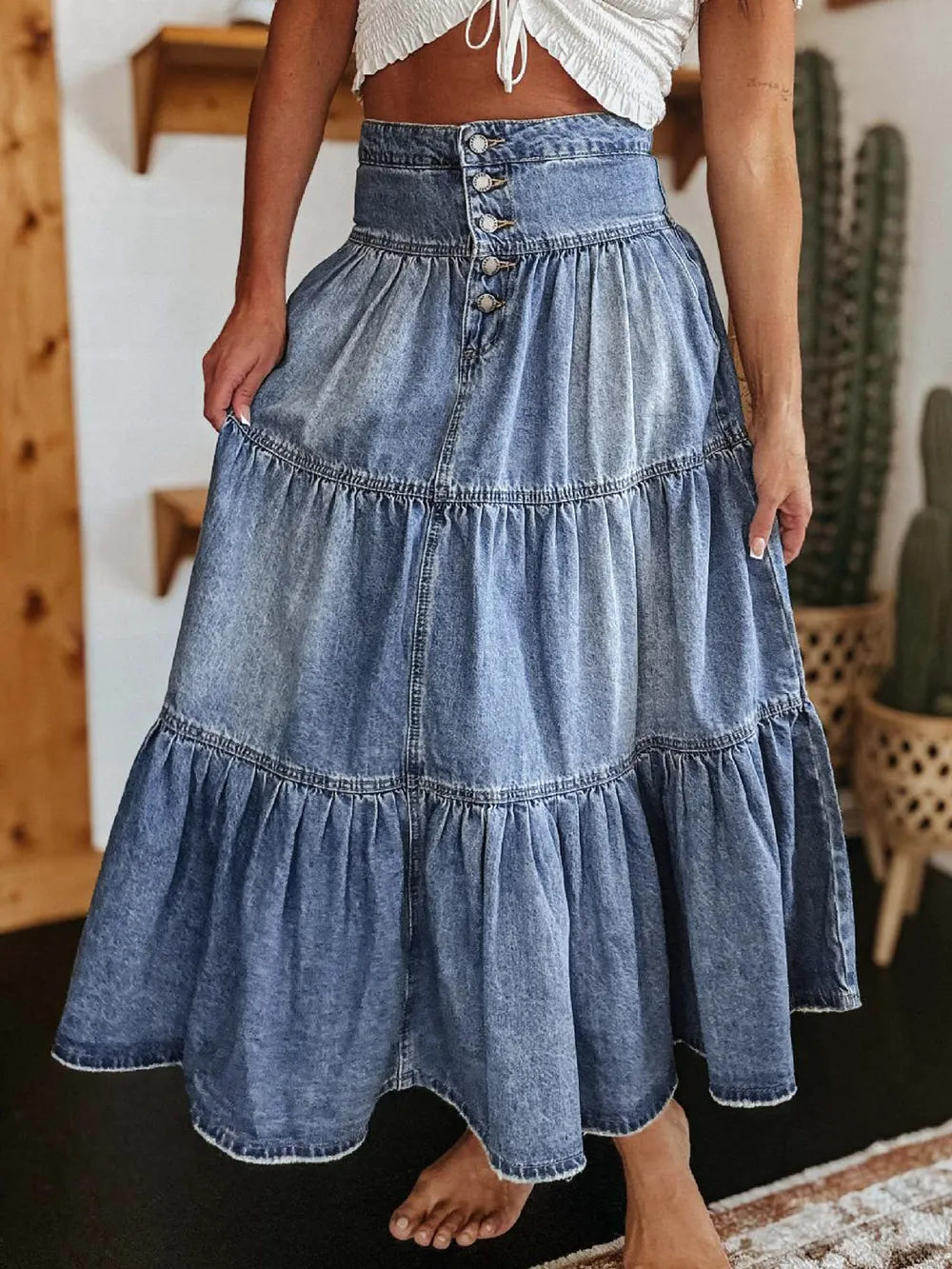 Tiered Button-Fly Denim Skirt - Skirts by Trendsi | Available at Handbags Specialist Headquarter