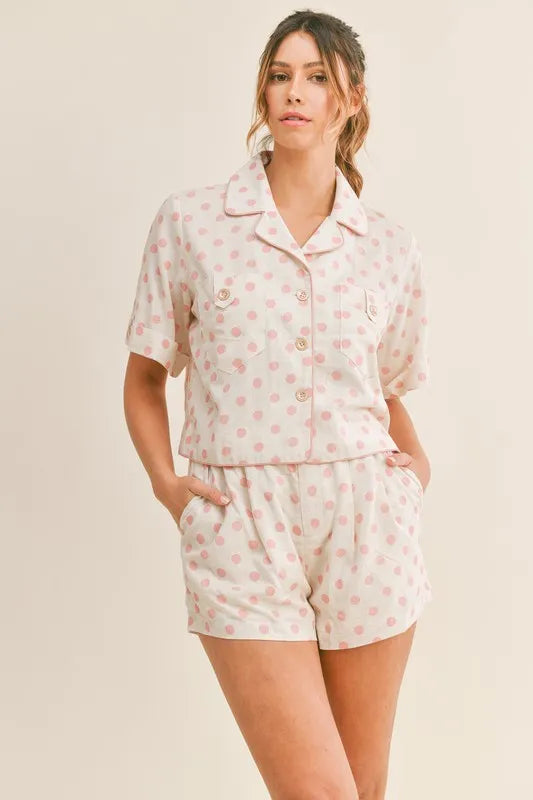 MABLE Polka Dot Collar Crop Top and Short Lounge Set - Sleepwear by Trendsi | Available at Handbags Specialist Headquarter