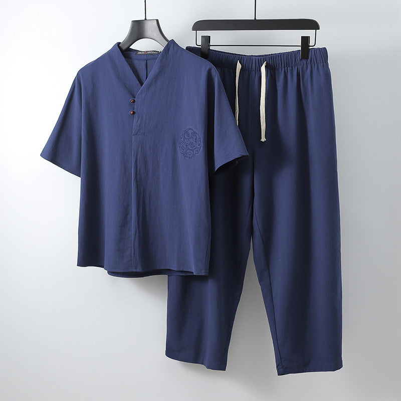 Ninth Pants Slim Korean Style Men's Casual Cotton And Linen Two-piece Set