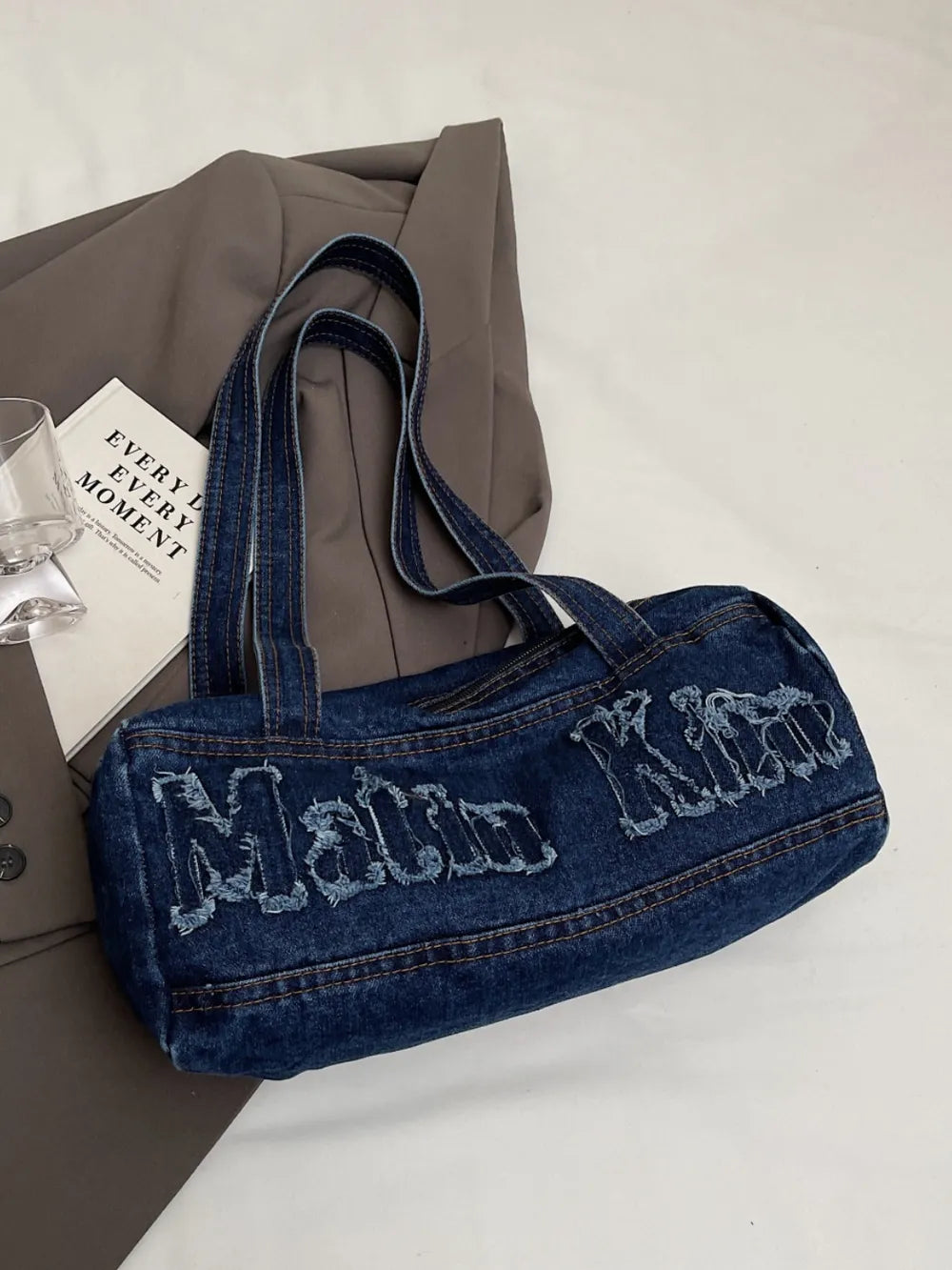 Letter Raw Edge Denim Handbag - Tote Bag by Trendsi | Available at Handbags Specialist Headquarter