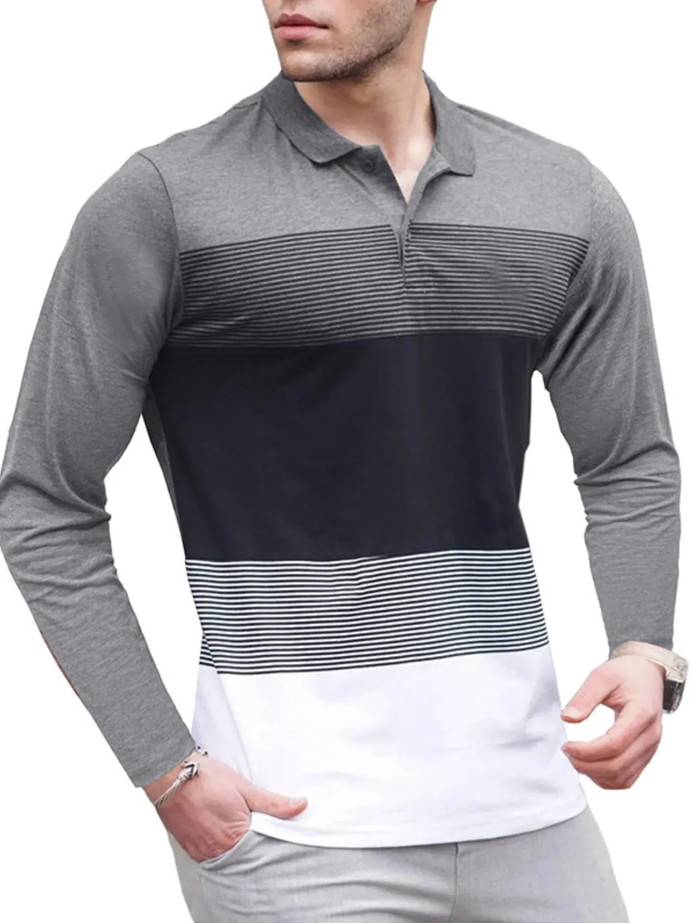 Men's Color Block Striped Long Sleeve Polo Shirt - Men's Polo shirt by Trendsi | Available at Handbags Specialist Headquarter