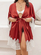 Plus Size Lace Patchwork Tie Front Robe - Sleepwear by Trendsi | Available at Handbags Specialist Headquarter
