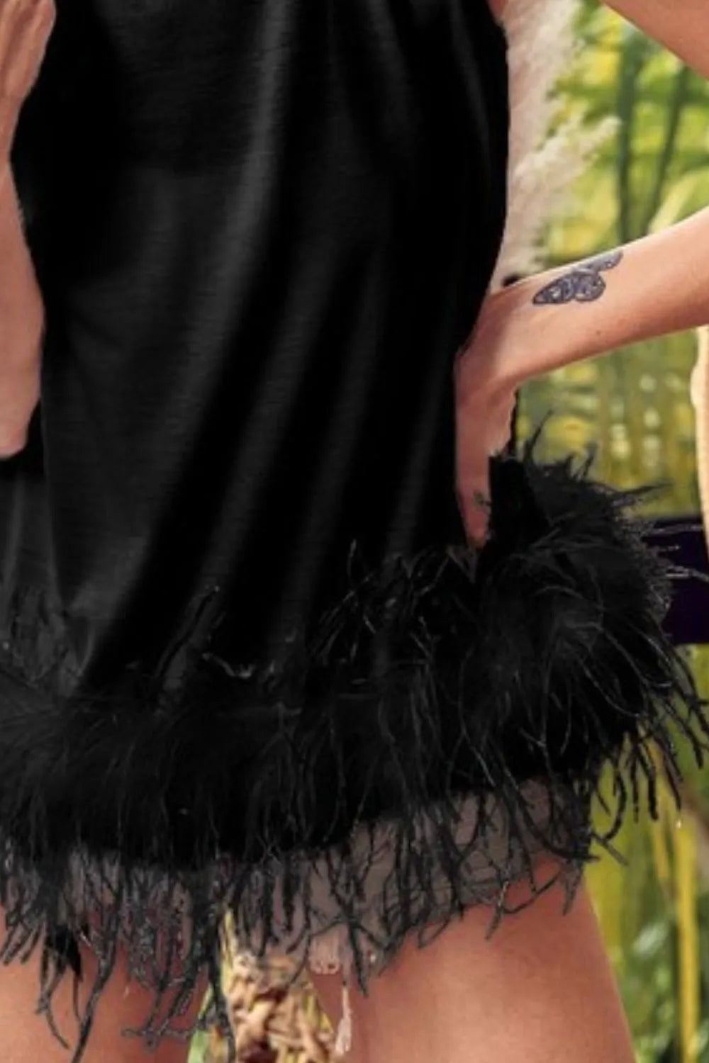 BiBi French Terry Faux Feather Bottom Back Tied Top - Bottoms by Trendsi | Available at Handbags Specialist Headquarter