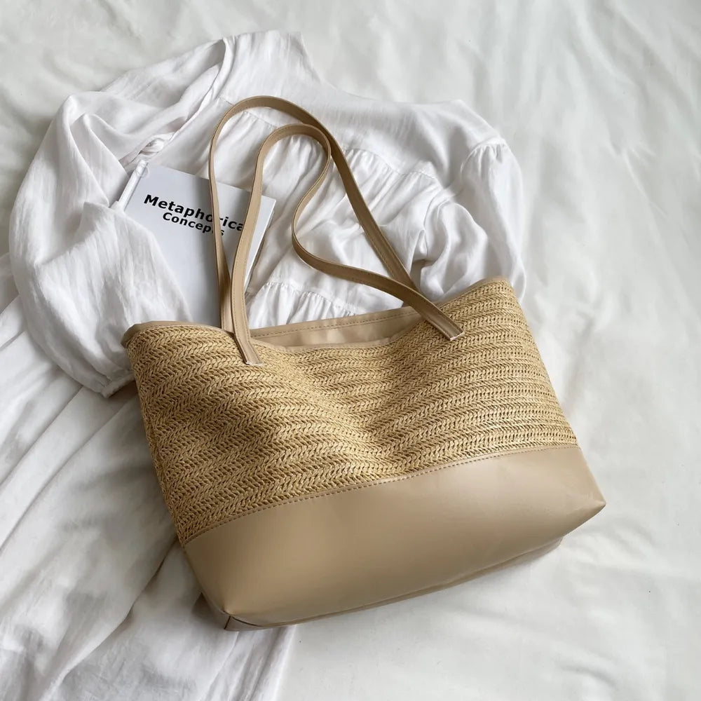 Straw Weave Leather Strap Tote Bag - Tote Bag by Trendsi | Available at Handbags Specialist Headquarter