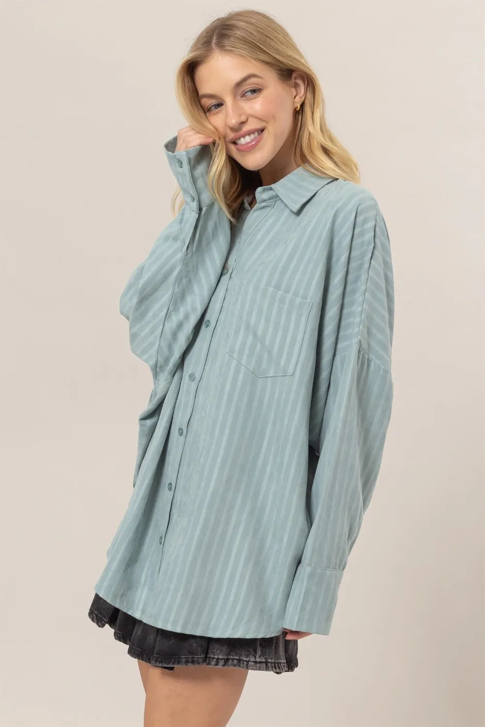 HYFVE Stripe Button Down Long Sleeve Oversized Shirt - Women / Jeans & Denim by Trendsi | Available at Handbags Specialist Headquarter