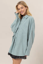 HYFVE Stripe Button Down Long Sleeve Oversized Shirt - Women / Jeans & Denim by Trendsi | Available at Handbags Specialist Headquarter