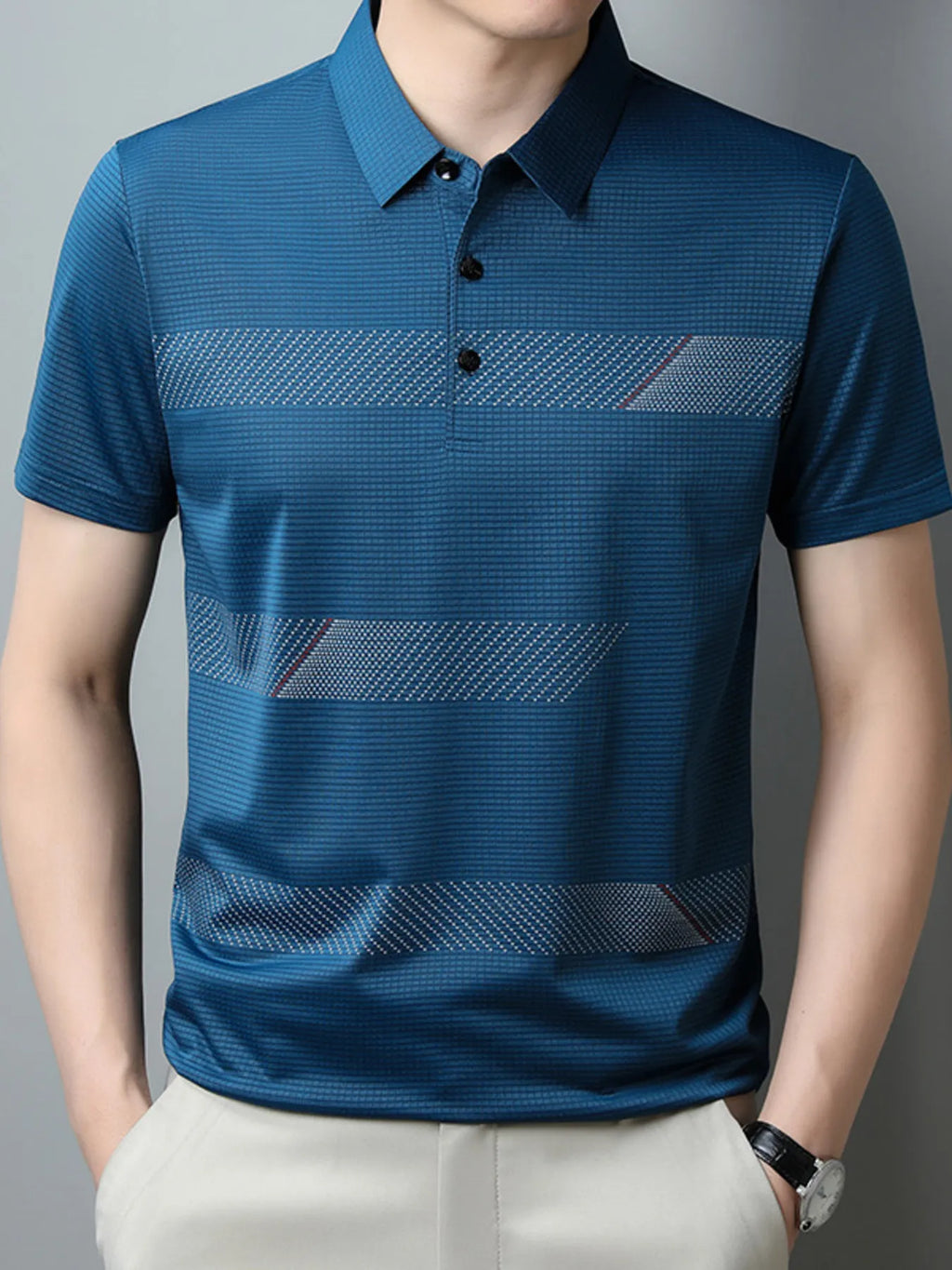 Men's Plus Size Striped Short Sleeve Casual Polo Shirt - Men's Polo shirt by Trendsi | Available at Handbags Specialist Headquarter