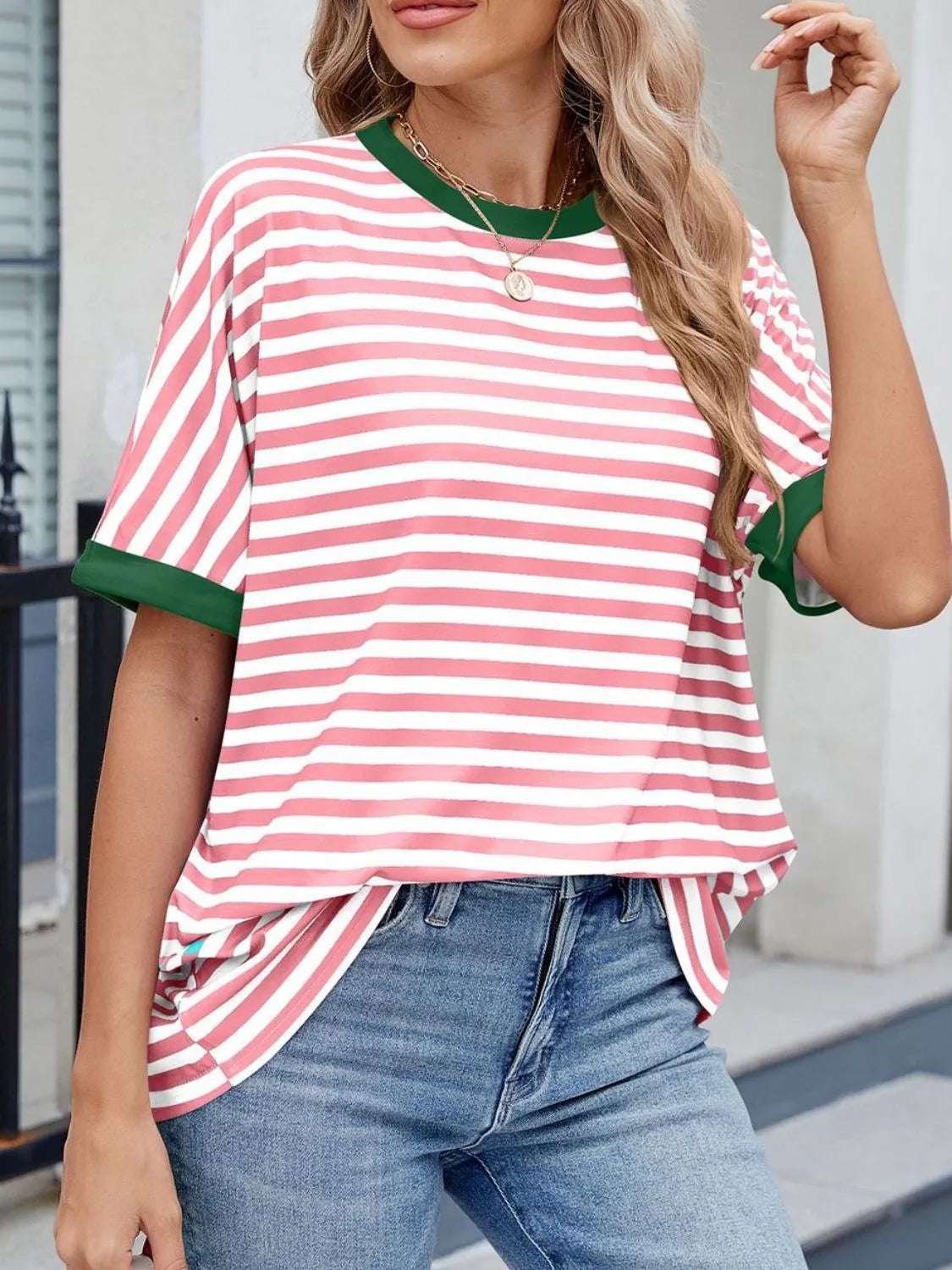 Striped Round Neck Half Sleeve T-Shirt - Women / Tops by Trendsi | Available at Handbags Specialist Headquarter