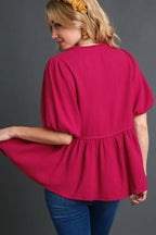 Umgee Full Size Cotton Gauze Floral Embroidery Babydoll Blouse Plus Size - Dresses by Trendsi | Available at Handbags Specialist Headquarter