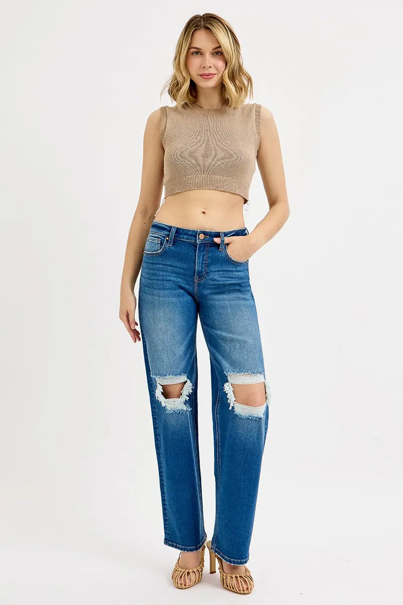 RISEN Full Size Mid Waist Fit Boyfriend Knee Distressed Jeans Plus Size - Women / Jeans & Denim by Trendsi | Available at Handbags Specialist Headquarter