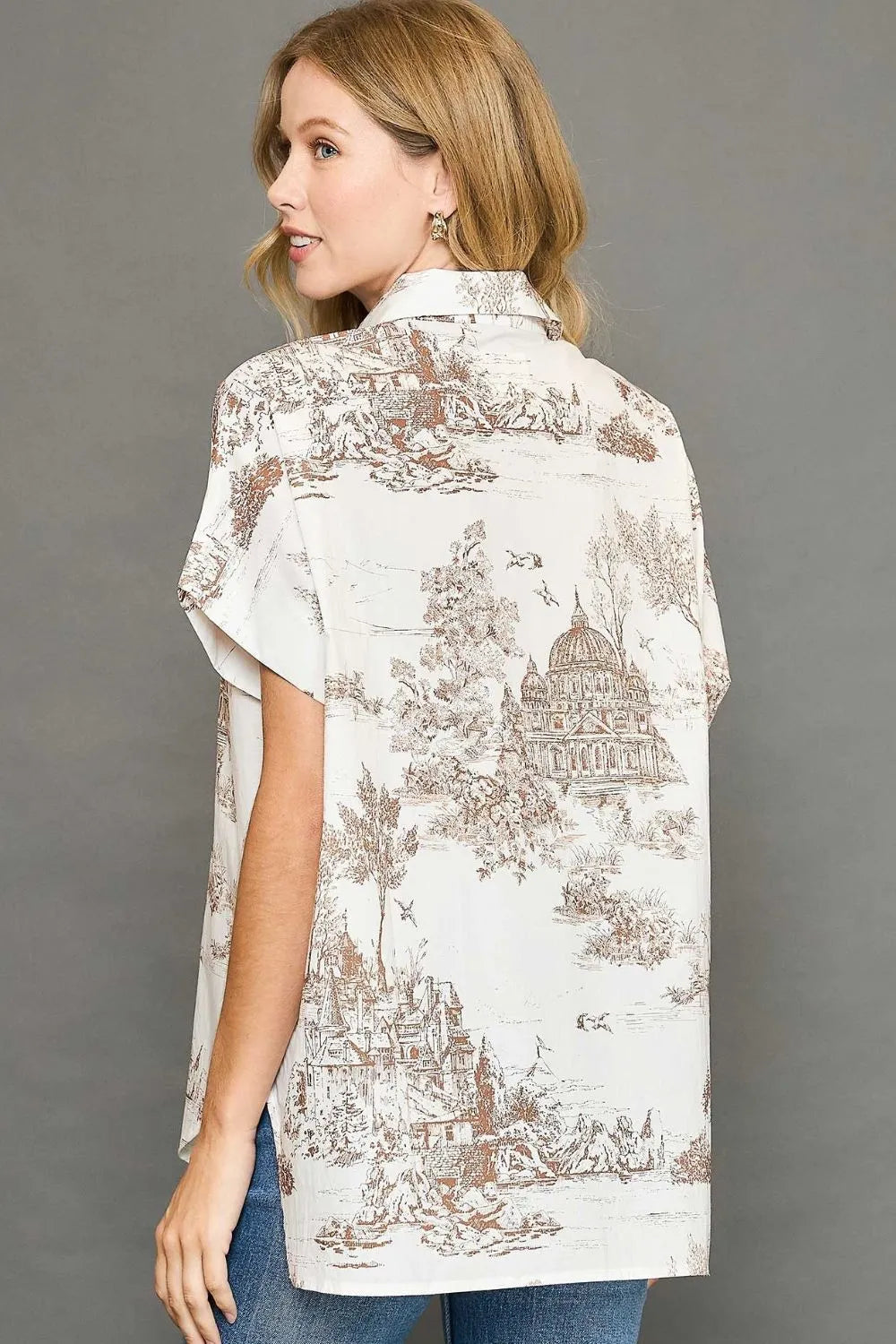 Umgee Full Size Two Tone Print Button Up Short Sleeve Shirt Plus Size - Dresses by Trendsi | Available at Handbags Specialist Headquarter