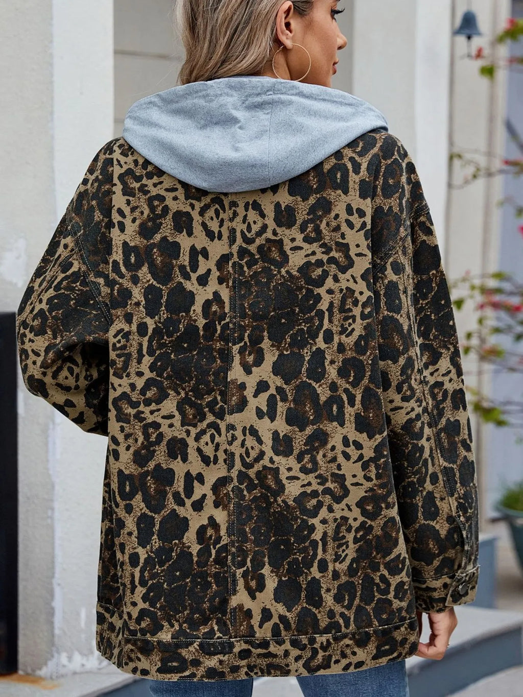 Oversized Button Up Denim Jacket with Hood - Tops by Trendsi | Available at Handbags Specialist Headquarter