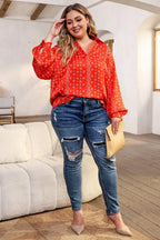 Plus Size Printed Johnny Collar Long Sleeve Blouse - Plus Size Shirts by Trendsi | Available at Handbags Specialist Headquarter