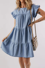 Ruffle Cap Sleeve Tiered A-line Denim Dress - Women / Jeans & Denim by Trendsi | Available at Handbags Specialist Headquarter