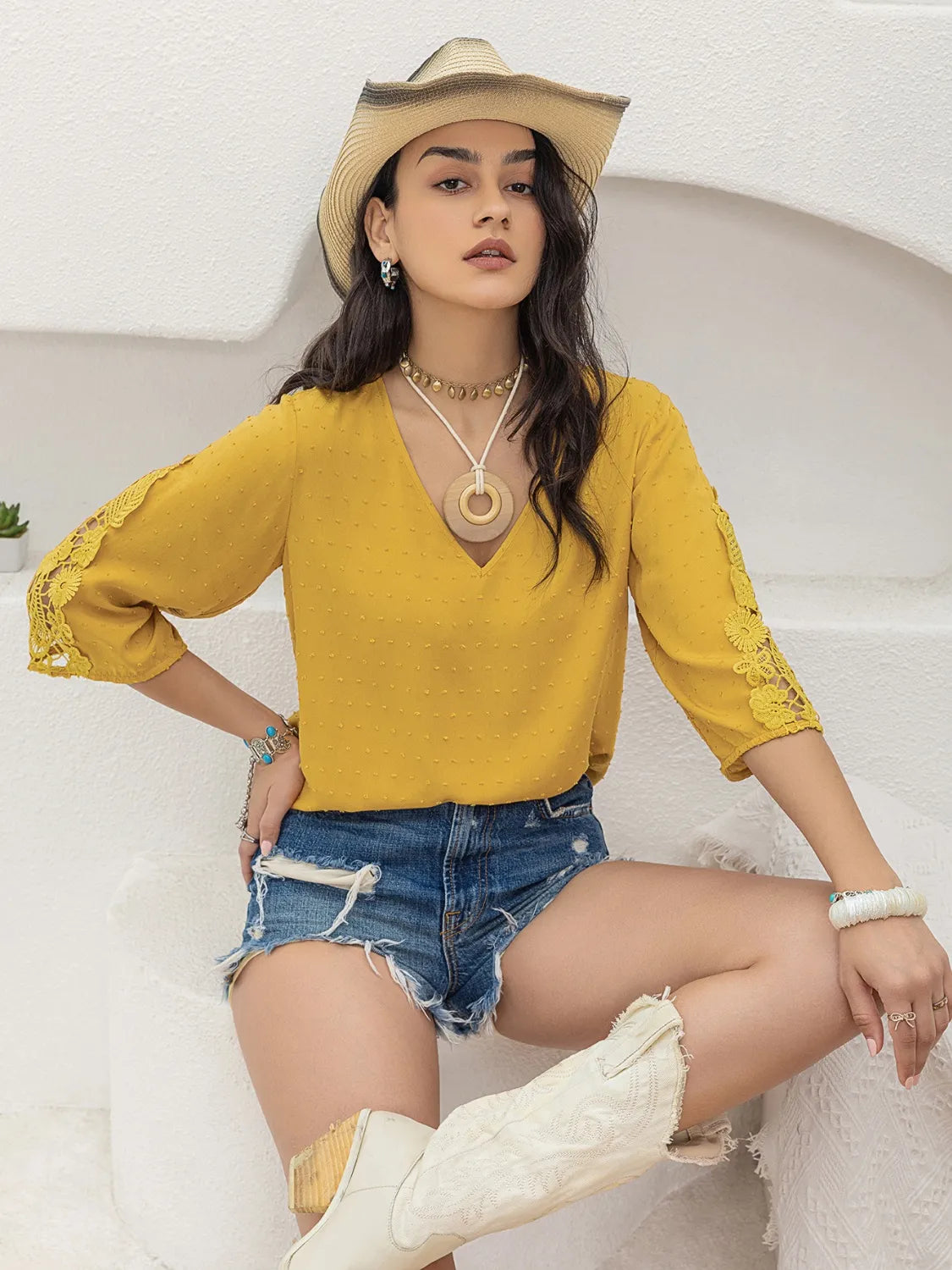 V-Neck Lace Three-Quarter Sleeve Top - Tops by Trendsi | Available at Handbags Specialist Headquarter