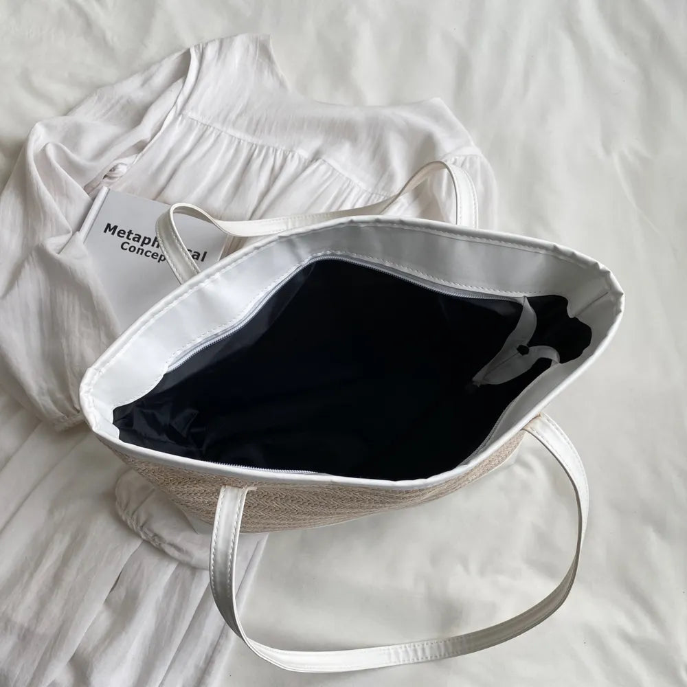 Straw Weave Leather Strap Tote Bag - Tote Bag by Trendsi | Available at Handbags Specialist Headquarter