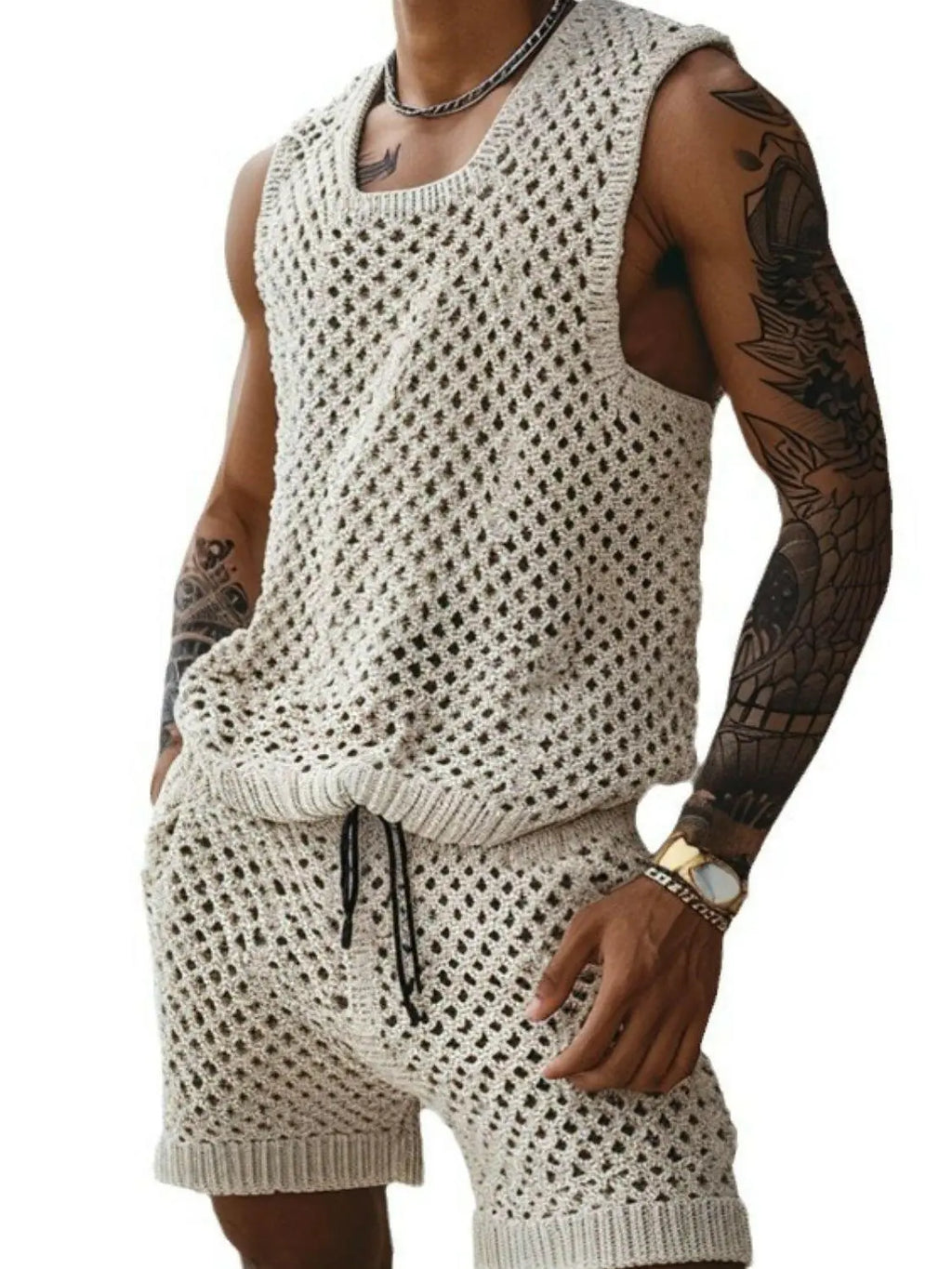 Men's Plus Size Hollow Out Round Neck Tank and Shorts Set - Men's Sets by Trendsi | Available at Handbags Specialist Headquarter
