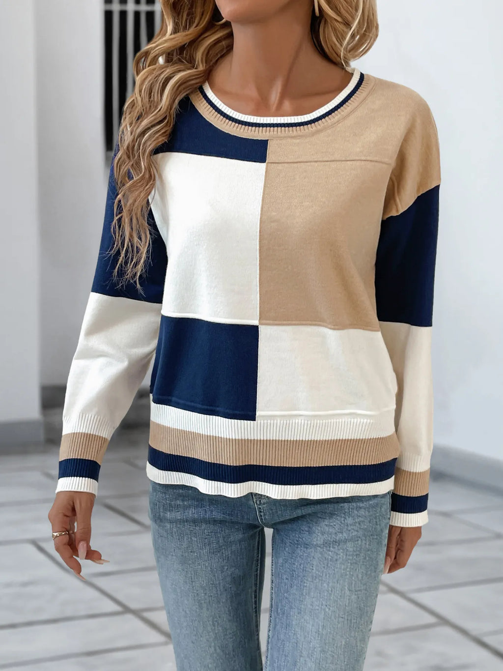 Color Block Round Neck Sweater with Ribbed Trim - Tops by Trendsi | Available at Handbags Specialist Headquarter