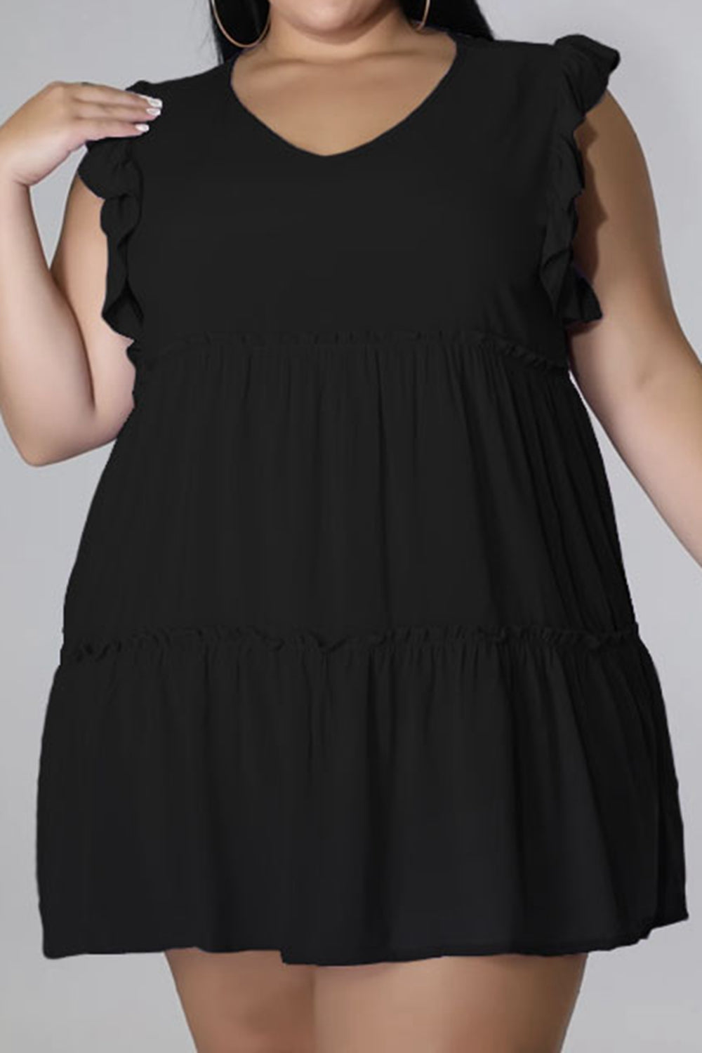 Plus Size V-Neck Frill Trim Mini Dress - Dresses by Trendsi | Available at Handbags Specialist Headquarter