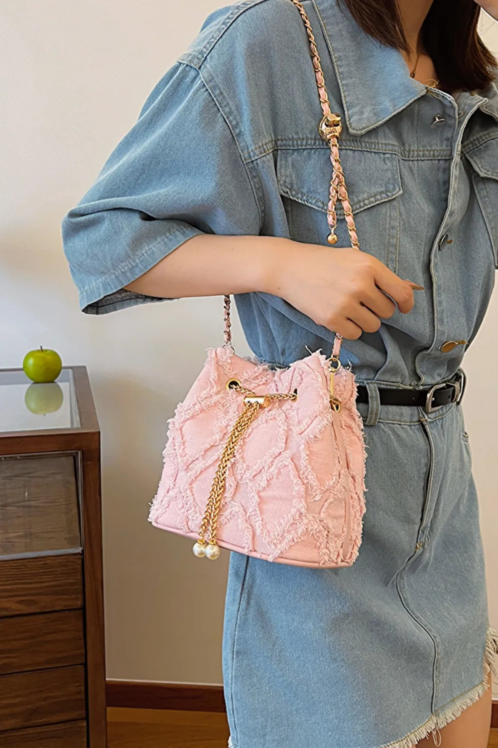 Chain Drawstring Raw Edge Denim Bucket Bag - Crossbody Bag by Trendsi | Available at Handbags Specialist Headquarter