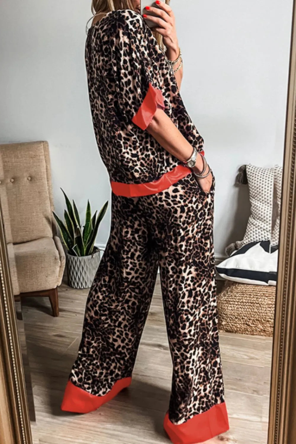 Contrast Trim Leopard Round Neck Top and Pants Lounge Set - Sleepwear by Trendsi | Available at Handbags Specialist Headquarter