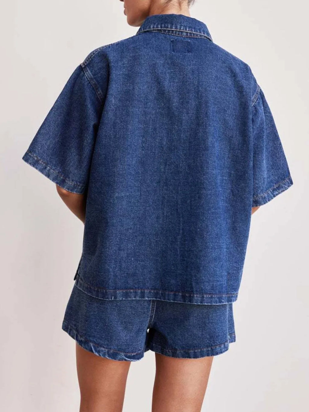 Button Up Short Sleeve Top and Shorts Denim Set - Women / Jeans & Denim by Trendsi | Available at Handbags Specialist Headquarter