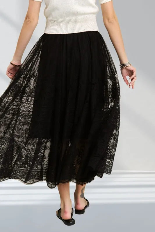 ADORA Elastic Waist Raw Hem Lace Maxi Skirt - Skirts by Trendsi | Available at Handbags Specialist Headquarter