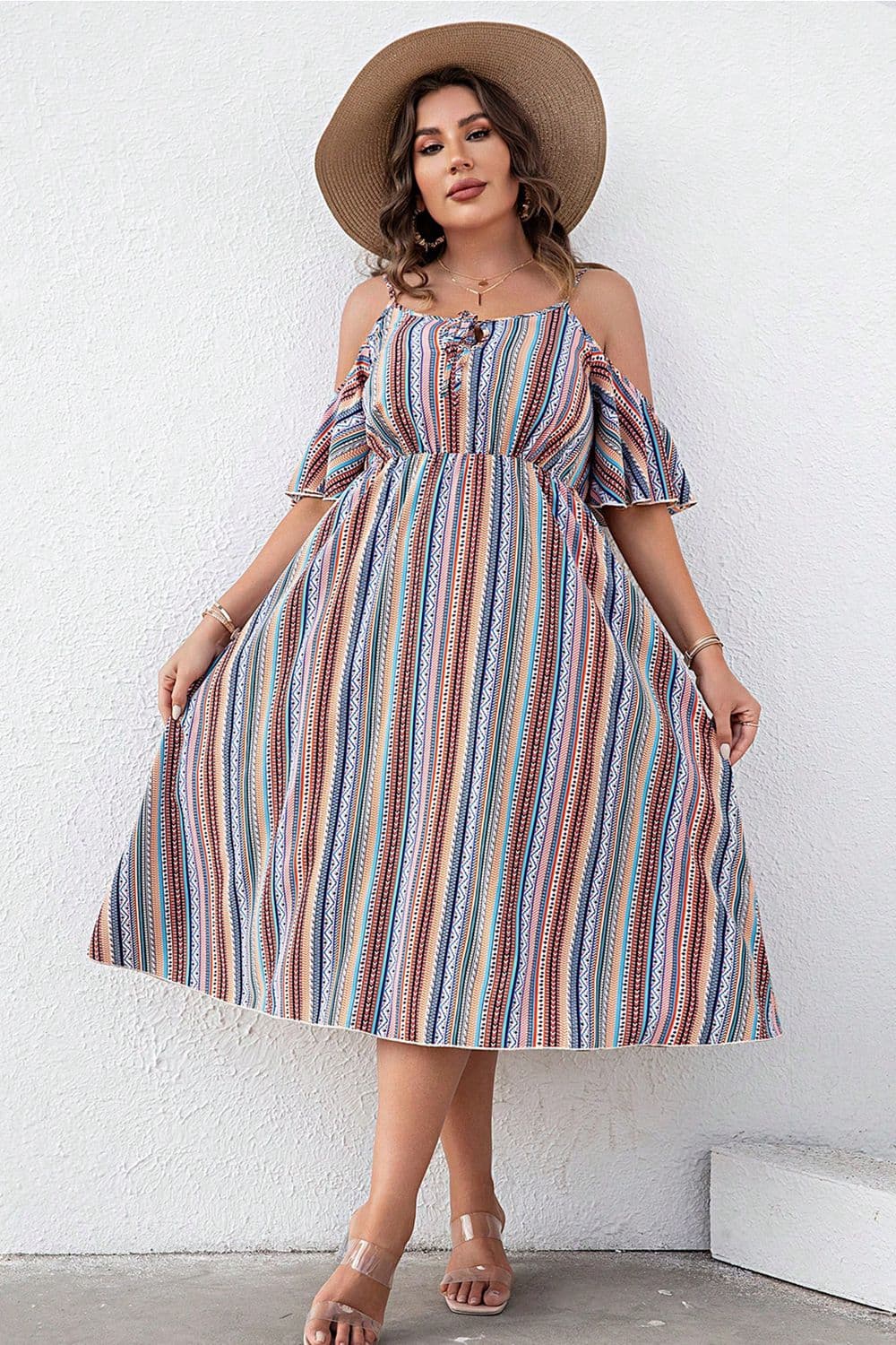 Plus Size Striped Cold-Shoulder Dress - Dresses by Trendsi | Available at Handbags Specialist Headquarter