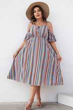 Plus Size Striped Cold-Shoulder Dress - Dresses by Trendsi | Available at Handbags Specialist Headquarter
