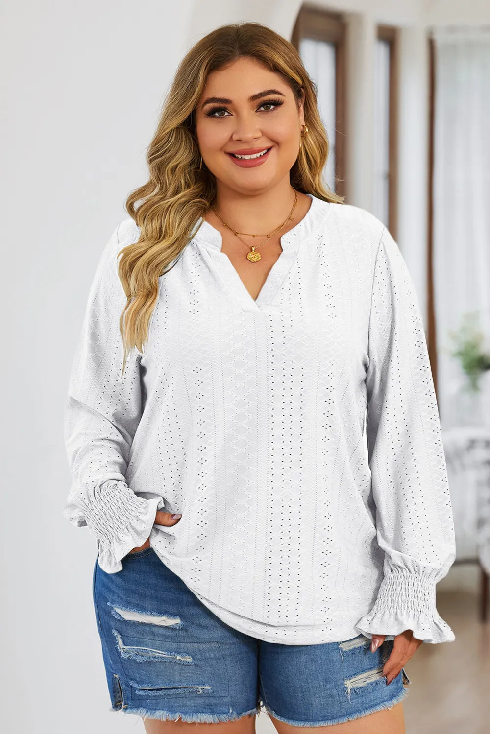 Plus Size Eyelet Notched Flounce Sleeve Blouse - Plus Size Shirts by Trendsi | Available at Handbags Specialist Headquarter
