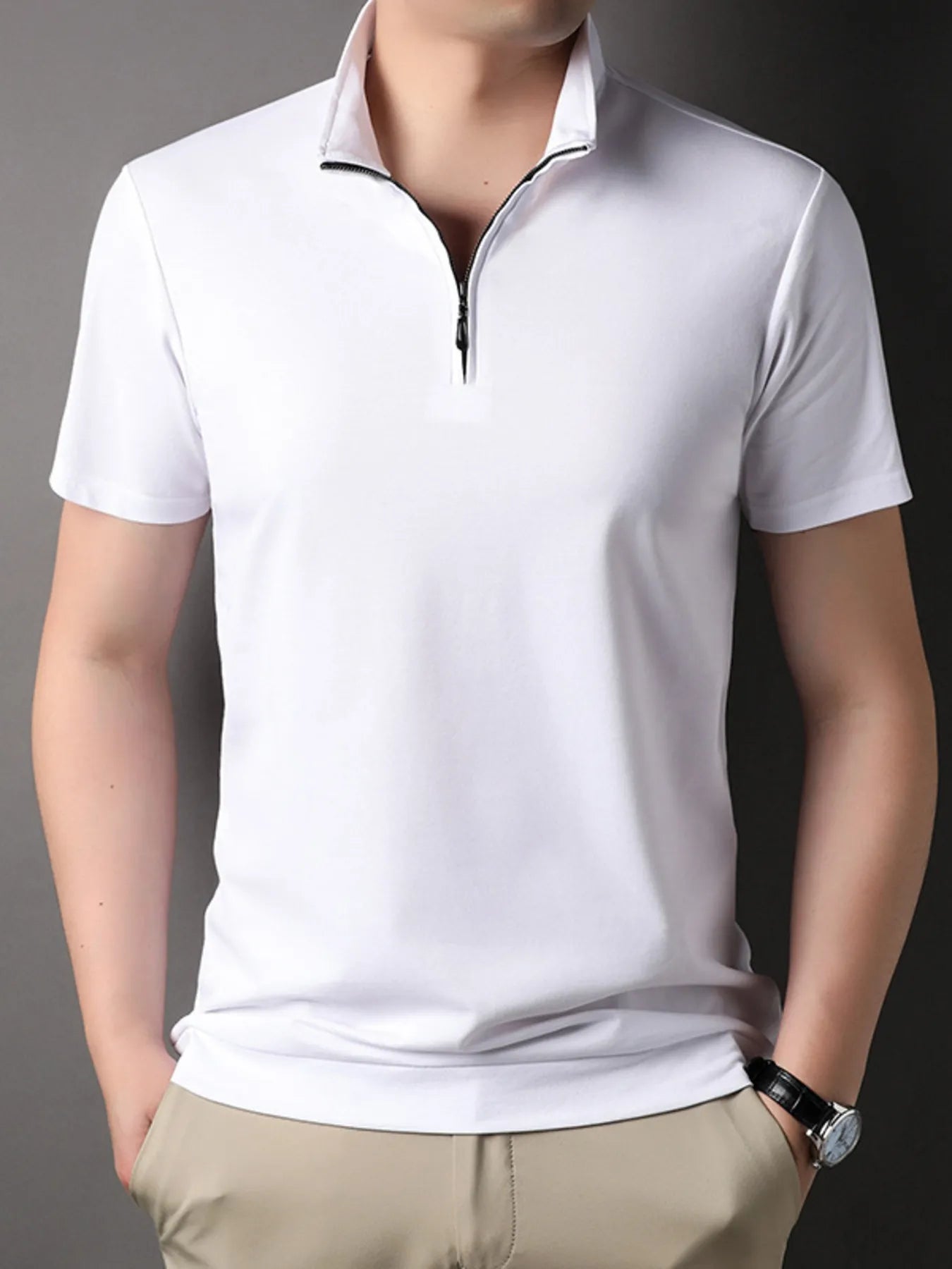 Men's Plus Size Zip Collar Short Sleeve Polo Shirt - Men's Polo shirt by Trendsi | Available at Handbags Specialist Headquarter