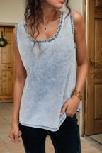 Mineral Wash Denim Frayed U Neck Sleeveless Top - Women / Jeans & Denim by Trendsi | Available at Handbags Specialist Headquarter