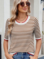 Striped Casual T-Shirt with Contrast Trim - Tops by Trendsi | Available at Handbags Specialist Headquarter