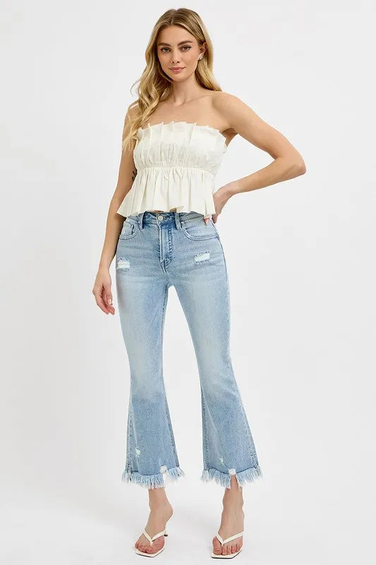RISEN Full Size Raw Hem Distressed Cropped Flare Jeans Plus Size - Women / Jeans & Denim by Trendsi | Available at Handbags Specialist Headquarter