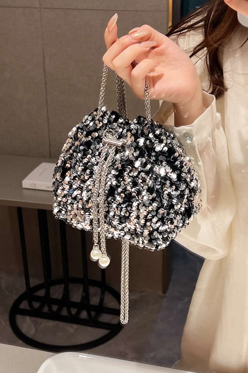 Sequin Chain Drawstring Bucket Bag - Crossbody Bag by Trendsi | Available at Handbags Specialist Headquarter