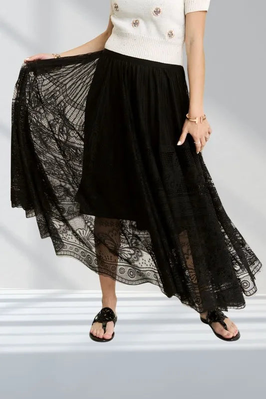ADORA Elastic Waist Raw Hem Lace Maxi Skirt - Skirts by Trendsi | Available at Handbags Specialist Headquarter