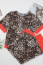 Contrast Trim Leopard Round Neck Top and Pants Lounge Set - Sleepwear by Trendsi | Available at Handbags Specialist Headquarter