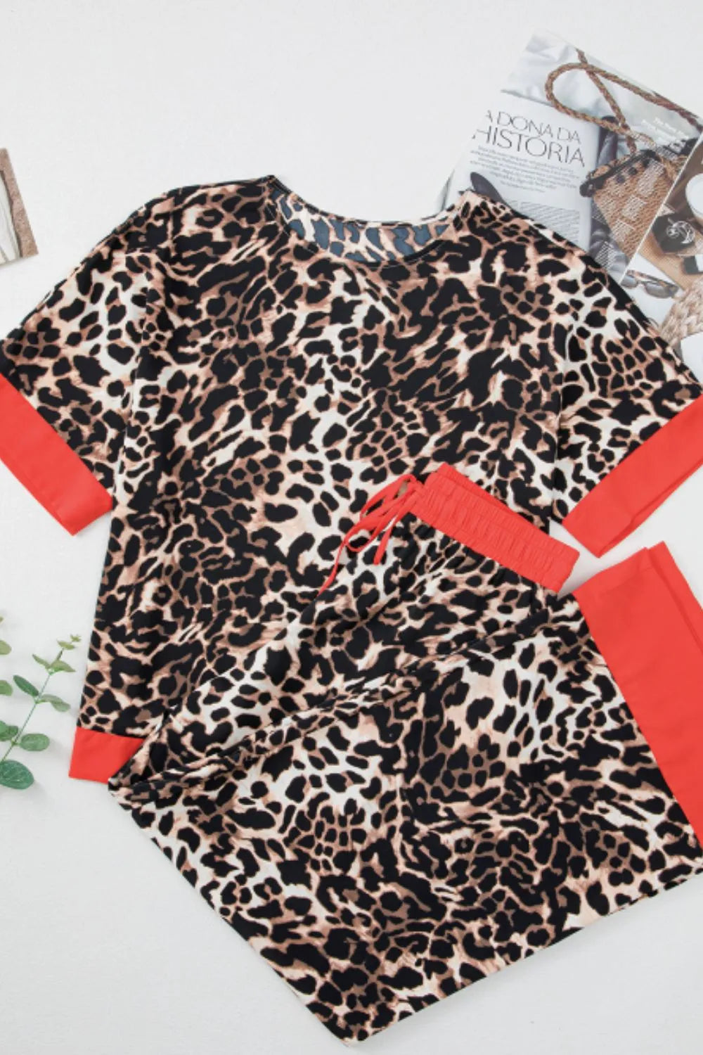 Contrast Trim Leopard Round Neck Top and Pants Lounge Set - Sleepwear by Trendsi | Available at Handbags Specialist Headquarter