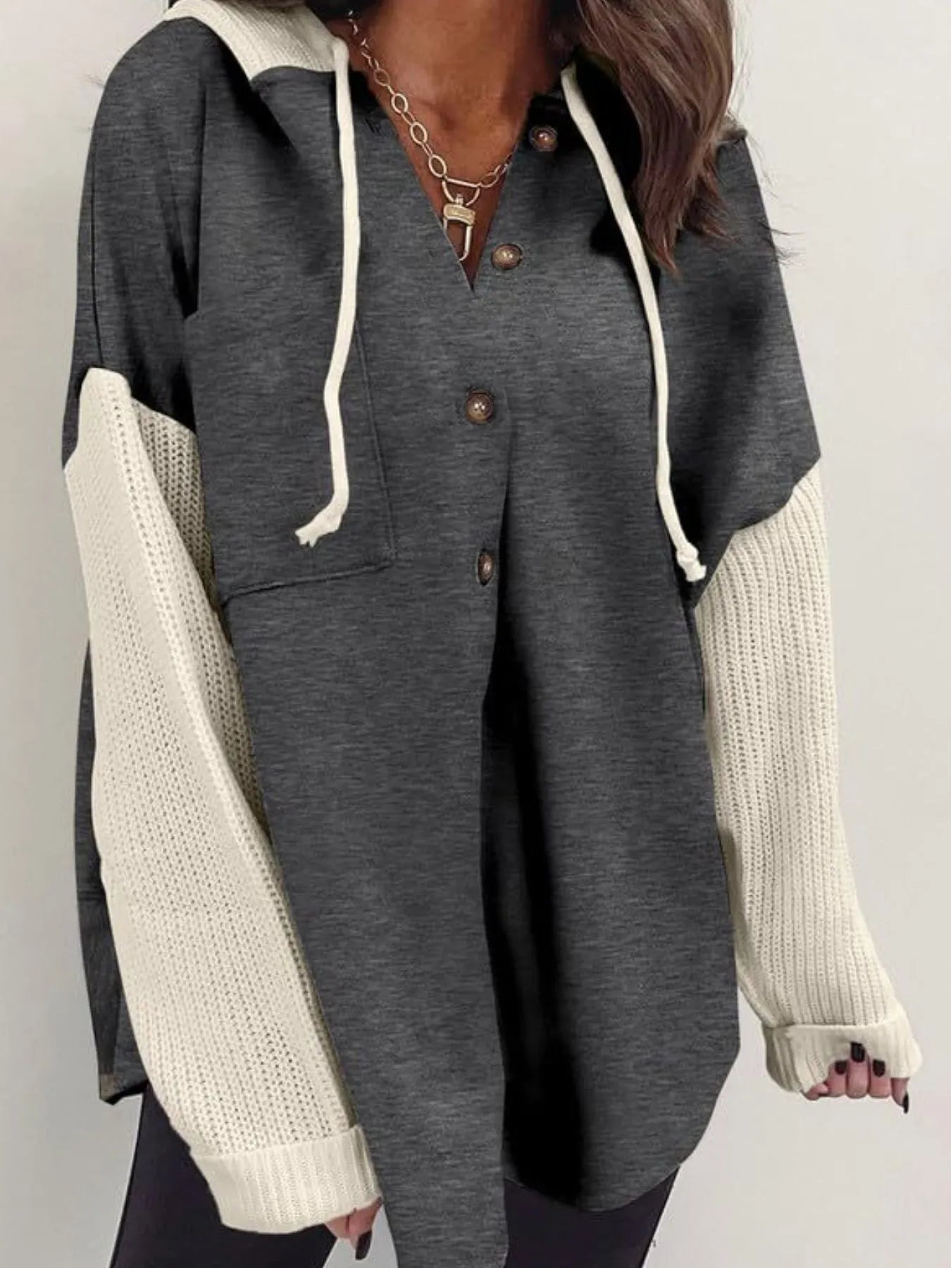 Drawstring Button Front Hoodie - Tops by Trendsi | Available at Handbags Specialist Headquarter