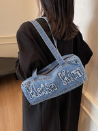 Letter Raw Edge Denim Handbag - Tote Bag by Trendsi | Available at Handbags Specialist Headquarter