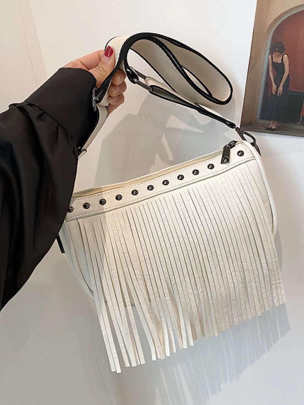 PU Leather Fringe Studded Crossbody Bag - Crossbody Bag by Trendsi | Available at Handbags Specialist Headquarter