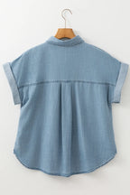 Folded Short Sleeve Patched Pocket Denim Shirt - Women / Jeans & Denim by Trendsi | Available at Handbags Specialist Headquarter