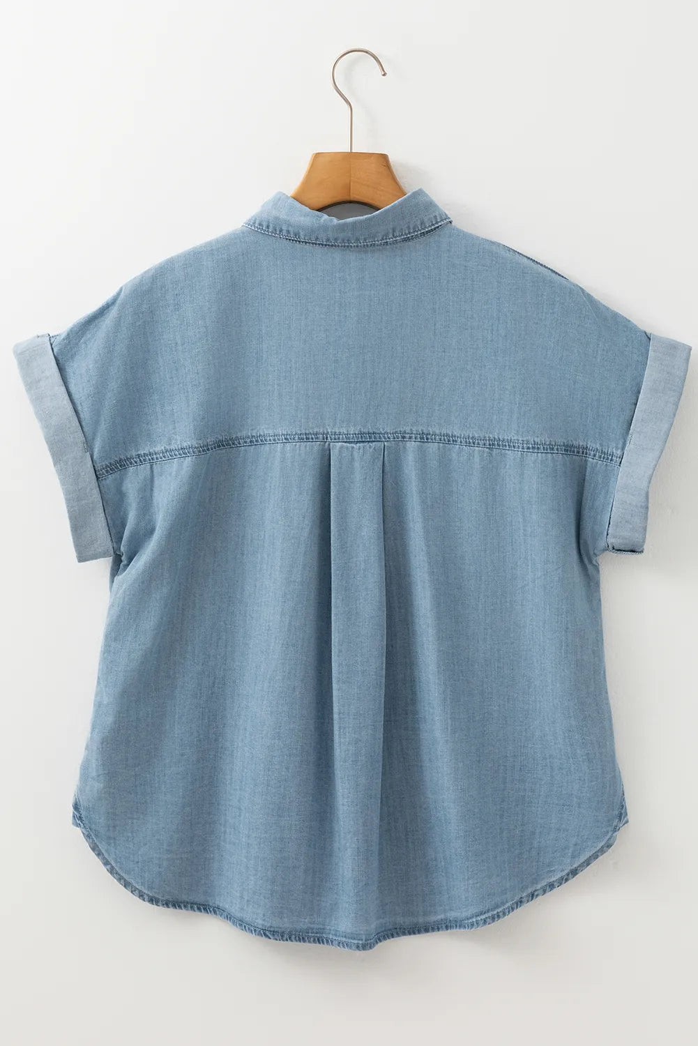 Folded Short Sleeve Patched Pocket Denim Shirt - Women / Jeans & Denim by Trendsi | Available at Handbags Specialist Headquarter