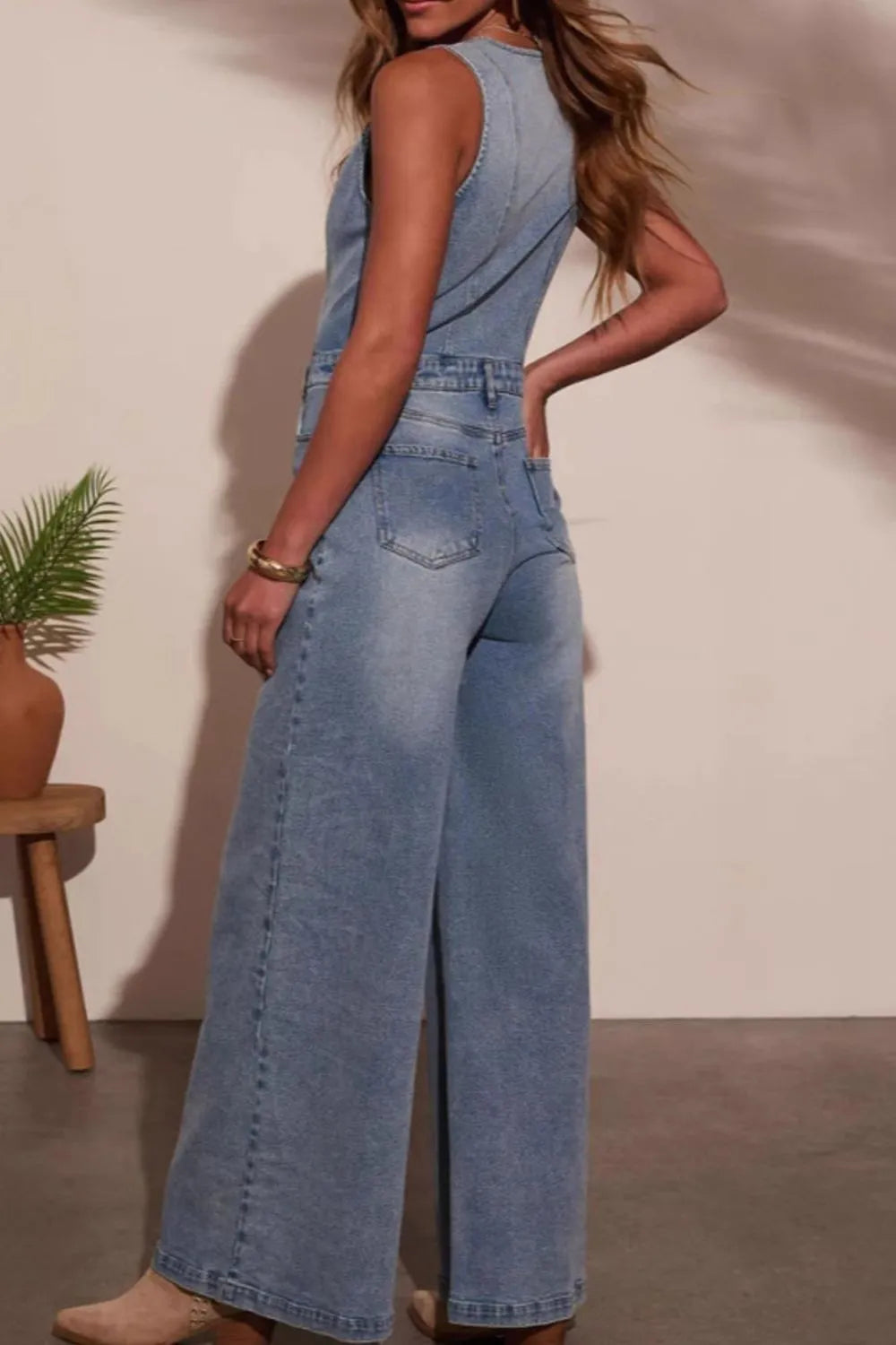 V-neck Wide Leg Denim Jumpsuit - Women / Jeans & Denim by Trendsi | Available at Handbags Specialist Headquarter