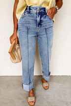 High-Waisted Wide-Leg Cuffed Jeans - Women / Jeans & Denim by Trendsi | Available at Handbags Specialist Headquarter